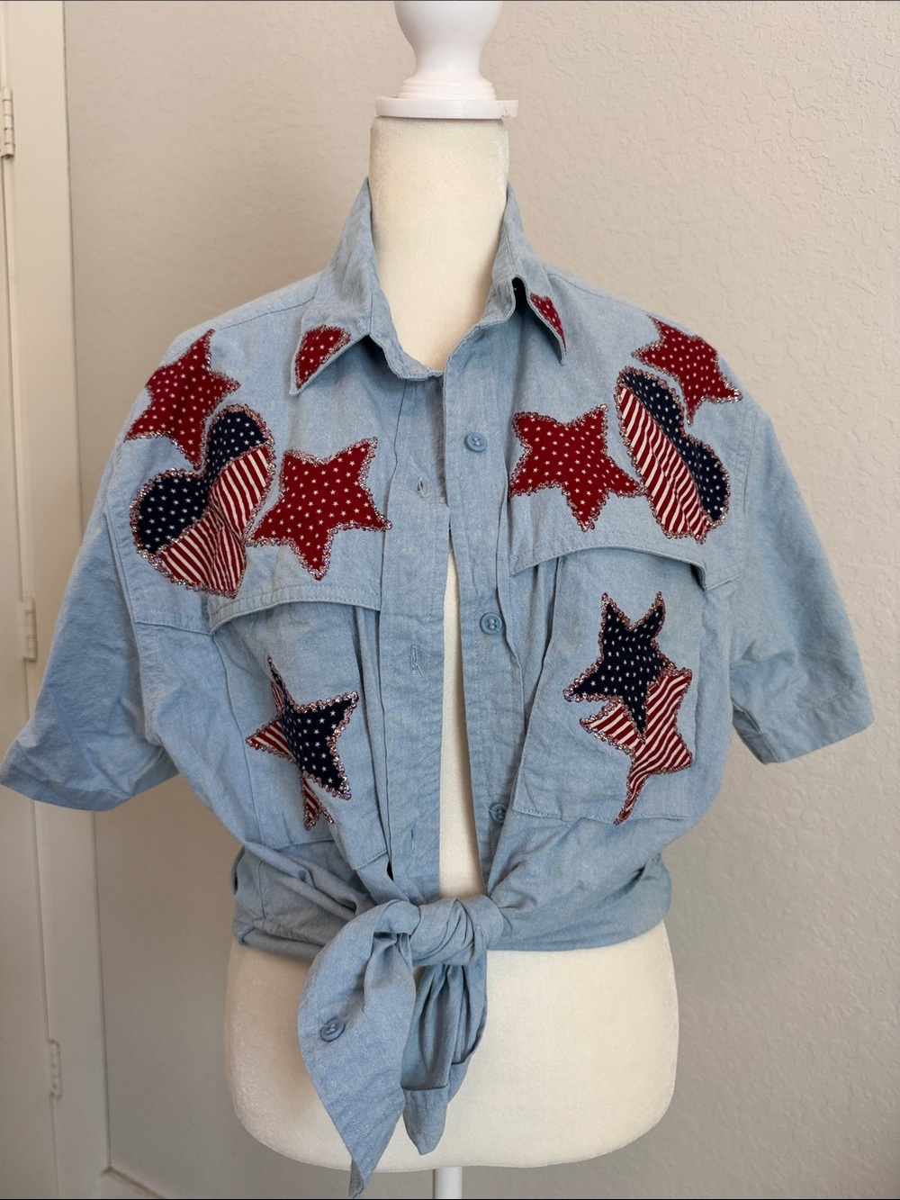 90s Denim Short-Sleeve with Star & Heart Glitter Appliqués